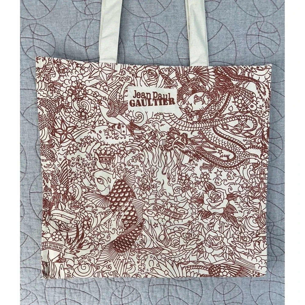 Jean Paul Gaultier Tattoo Tote Bag Red Beige Canvas Dragon Fish / Women's Medium